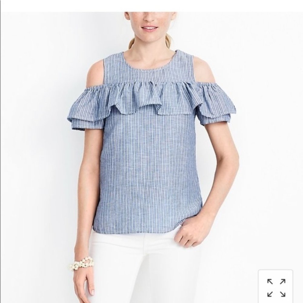 J. Crew Cold Shoulder Blue White Striped Ruffle Top Linen Blouse